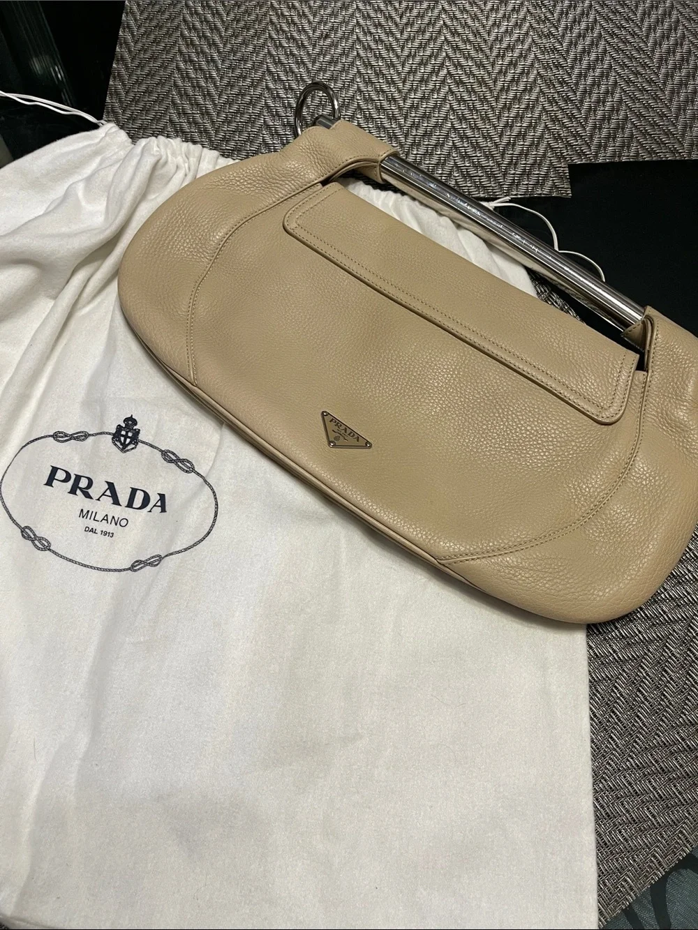 Prada Taupe Pebbled Leather Vitello Daino Bar Bag